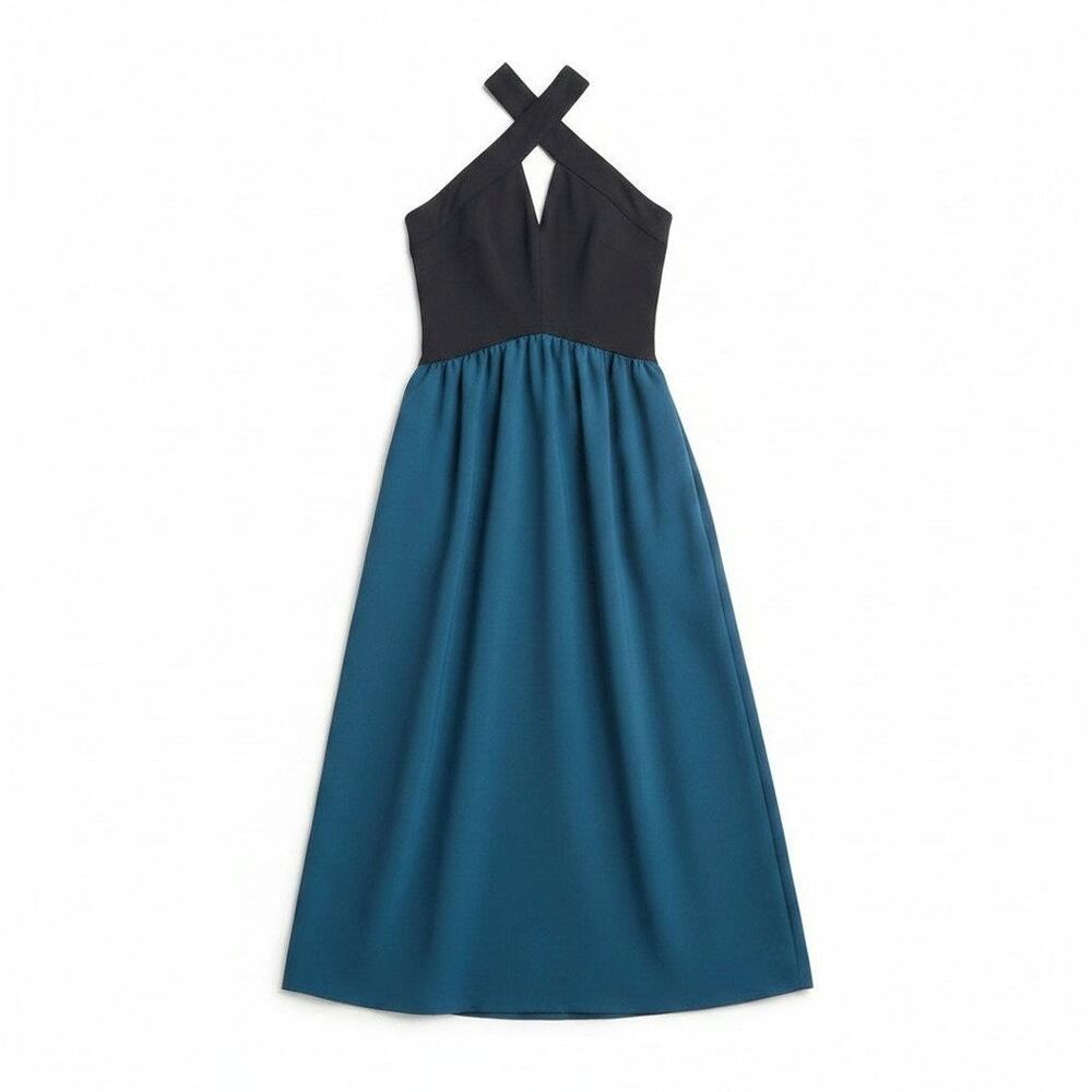 Chelsea28 New Mixed Media Colorblock Halter Midi Dress Turquoise Black S Elegant